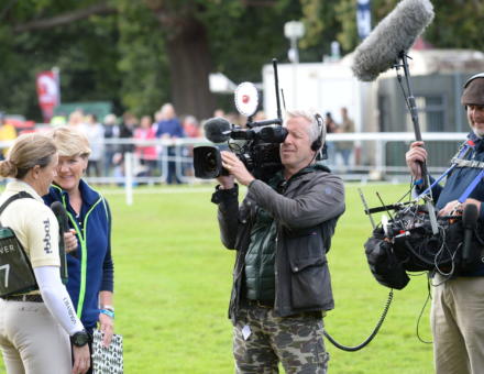 Pippa Funnell LRBHT MR19 129669 with Clare Balding cameras