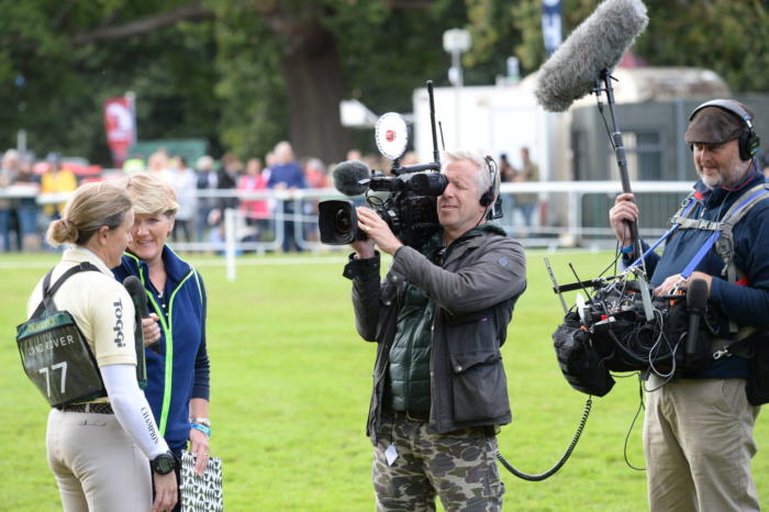 Pippa Funnell LRBHT MR19 129669 with Clare Balding cameras